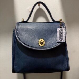 Coach Dark Blue Leather Top-Handle Satchel with Gold Turnlock